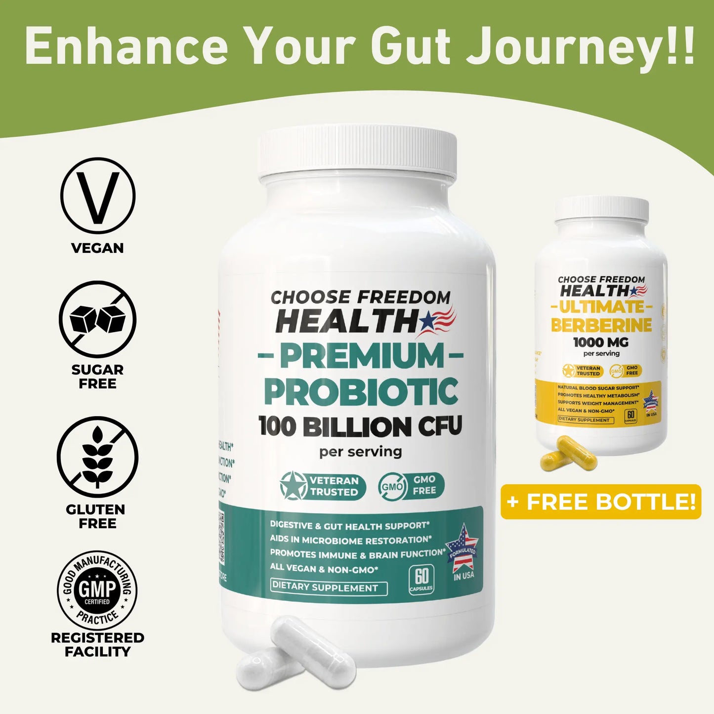 Premium Probiotic 100 Billion CFU + FREE Berberine HCL 1000MG KITCHWAVE